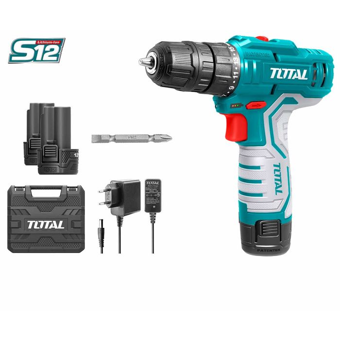 TOTAL LITHIUM -ION CORDLESS DRILL12V MAX TORGUE 20NM WITH 2PCS 1.5AH BATTERY PACK