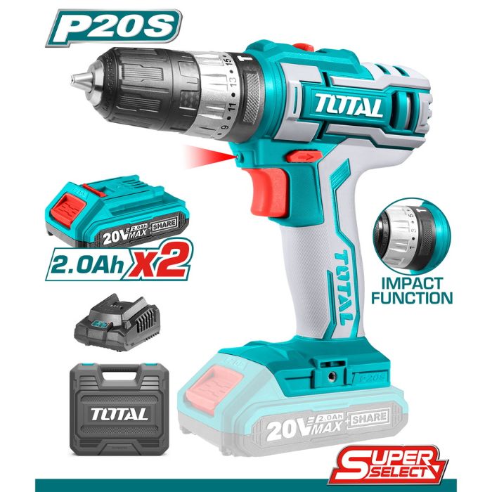 TOTAL LITHIUM-ION CORDLESS DRILL 20VM 2PCS 2.OAH BATTERY PACK IMPACT FUNCTION